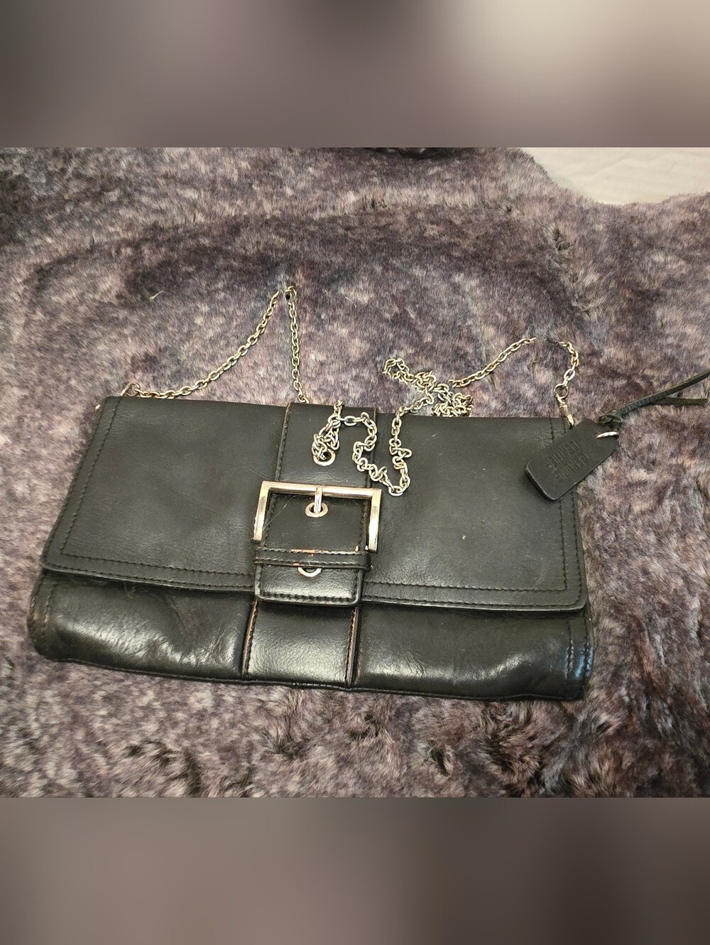 Vintage Black Leather Shoulder Bag with Silver Chain